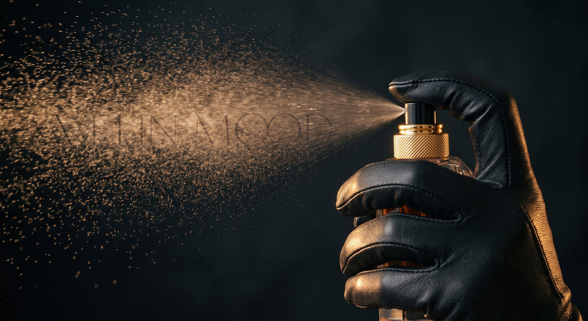 Main gantée pulvérisant un parfum, brume dorée formant subtilement Velin Mood Image